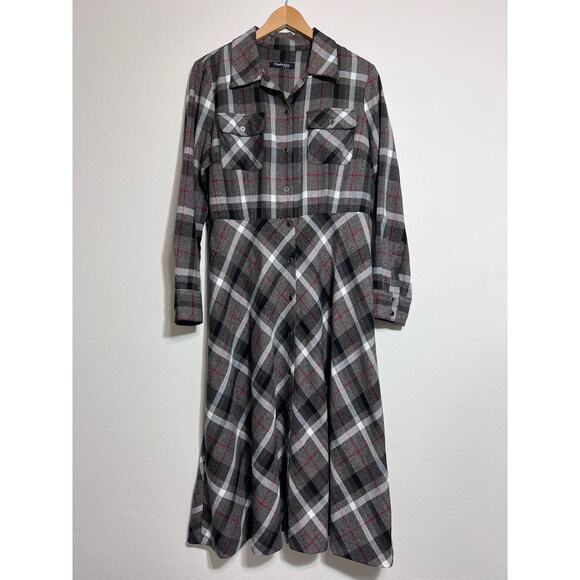 Chadwicks Dress Women Medium* Flannel Brown Gray/Red‎ A Line Cottage Boho - Picture 1 of 13